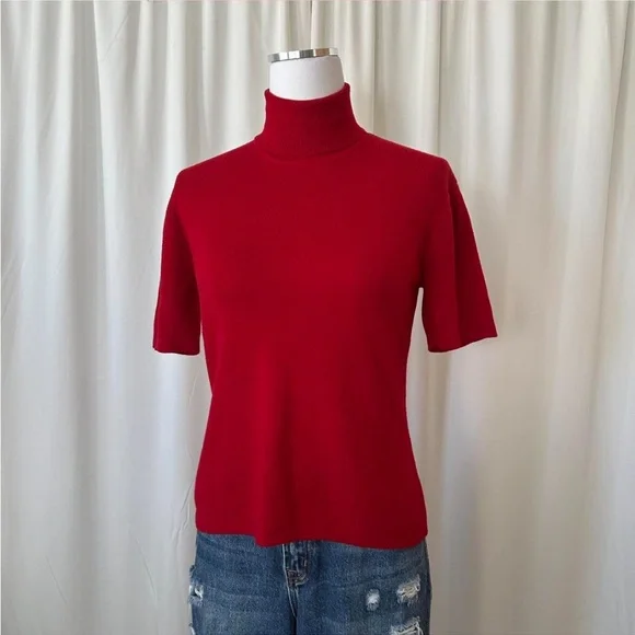Vintage 1990s Red Jones New York Wool turtleneck sweater short sleeve large. - Picture 3 of 8